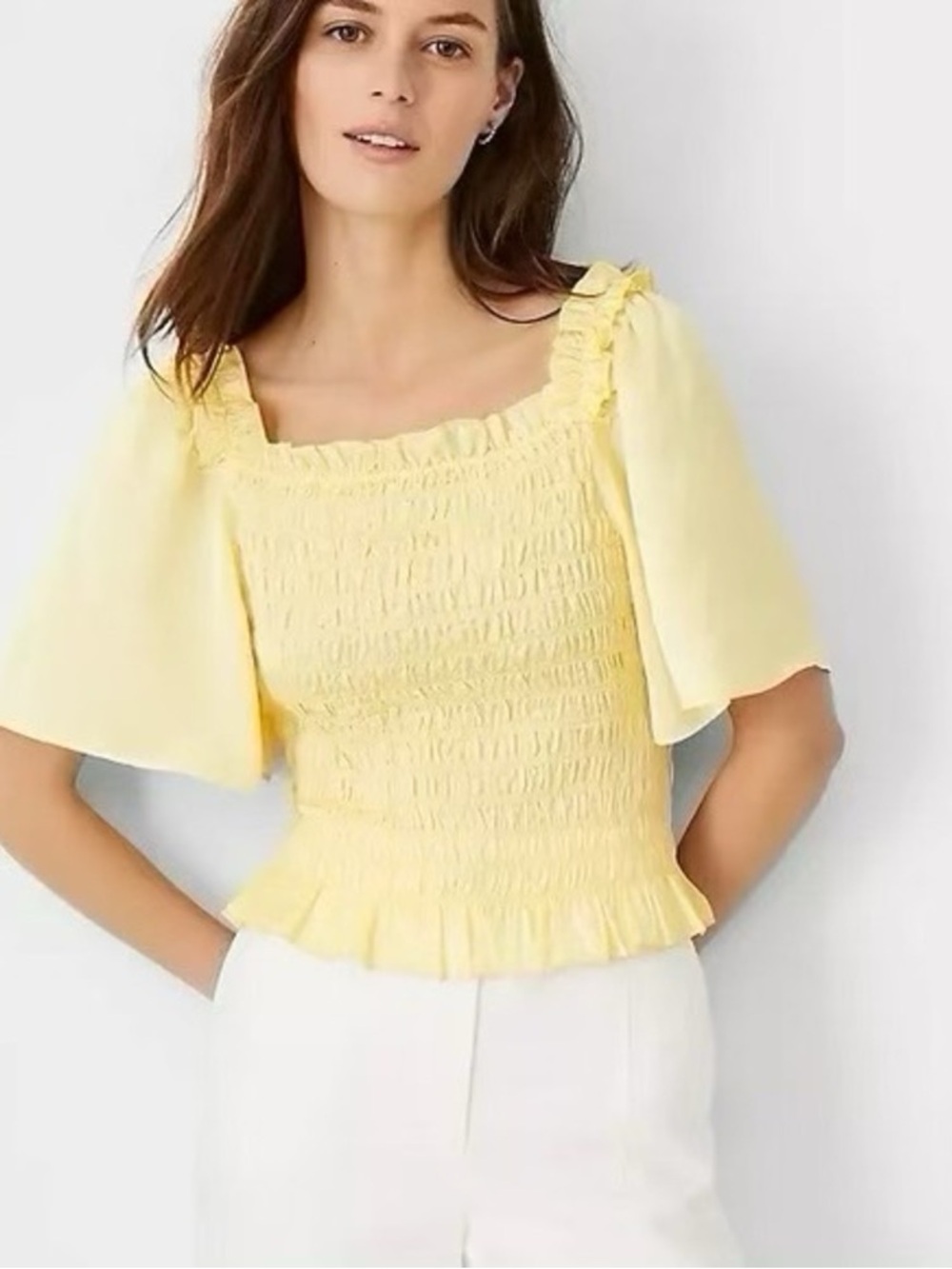 Ann Taylor Medium Yellow Smocked Ruffle Flutter Sleeve Cropped Square Neck Top